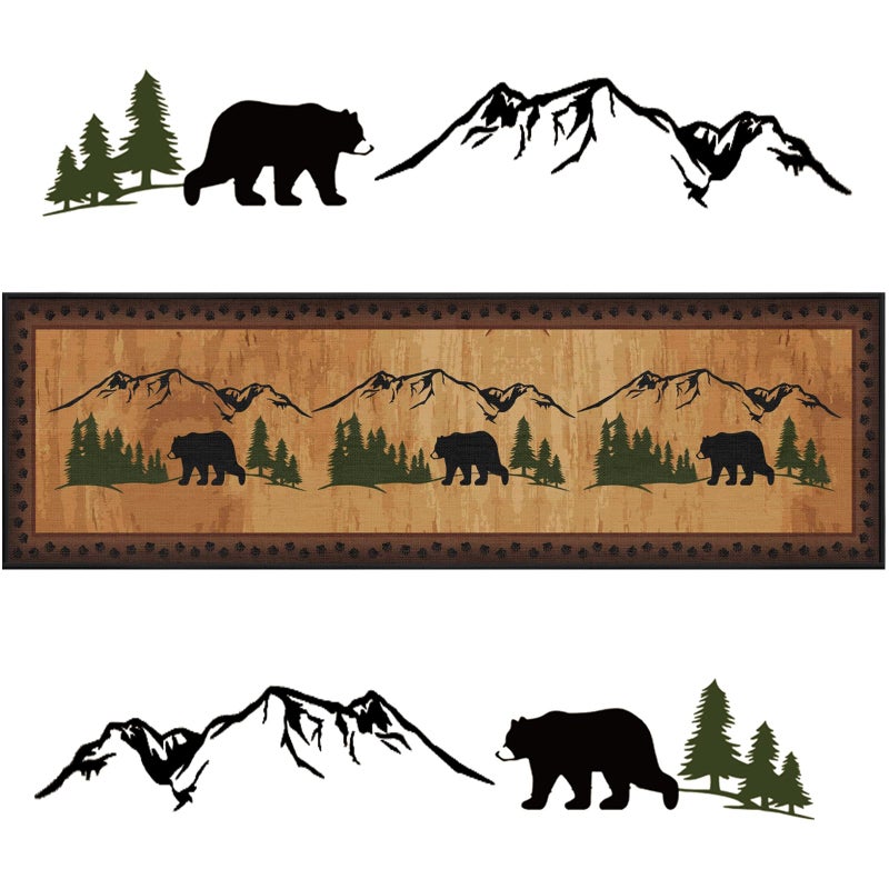 Tinideya 2'x6.6' Cabin Bear Woodland Wildlife Rug Long Area Rustic Runner Vintage Cabin Themed Rug with Bear and Cub Scene Rustic and Trees Country Barn Carpets Rugs for Hallway Porch Entrance Bedside - Image 1
