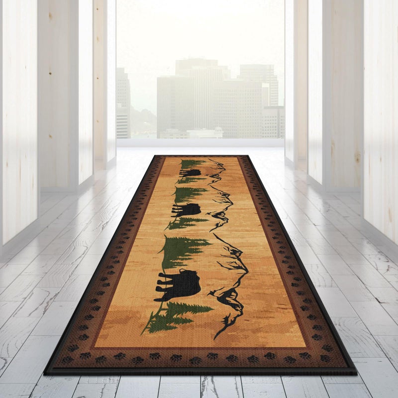 Tinideya 2'x6.6' Cabin Bear Woodland Wildlife Rug Long Area Rustic Runner Vintage Cabin Themed Rug with Bear and Cub Scene Rustic and Trees Country Barn Carpets Rugs for Hallway Porch Entrance Bedside - Image 3
