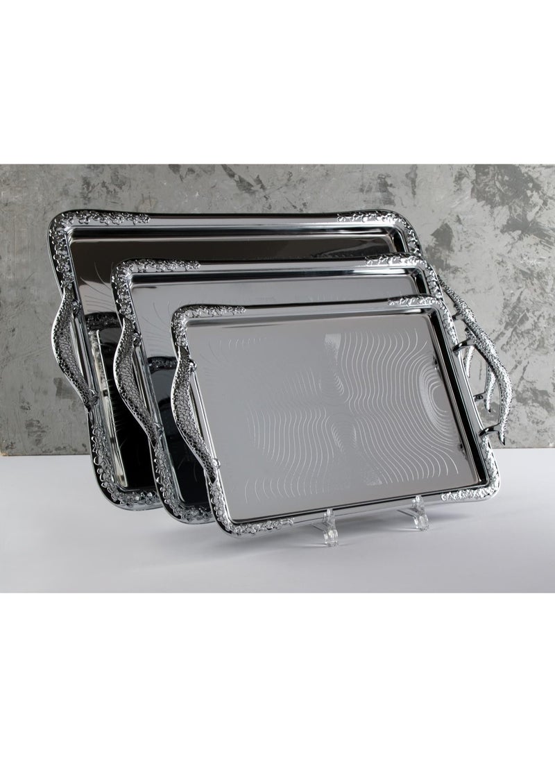 3-piece stainless steel serving tray set, silver
