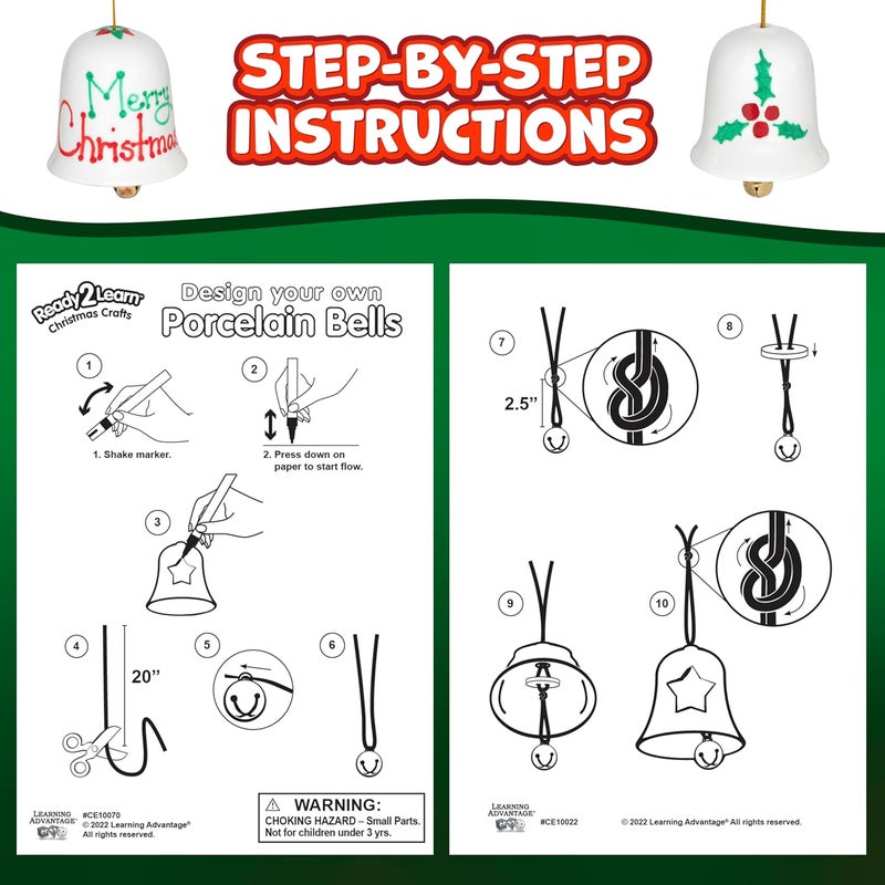 READY 2 LEARN Christmas Crafts - Design Your Own Porcelain Bells - Craft Kit for Kids - Christmas Tree Decorations - All Materials Included, Green,Red, Set of 3 - Image 5