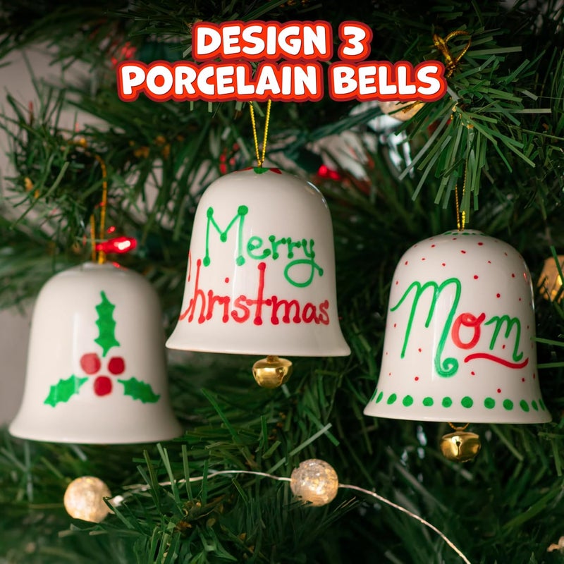 READY 2 LEARN Christmas Crafts - Design Your Own Porcelain Bells - Craft Kit for Kids - Christmas Tree Decorations - All Materials Included, Green,Red, Set of 3 - Image 2