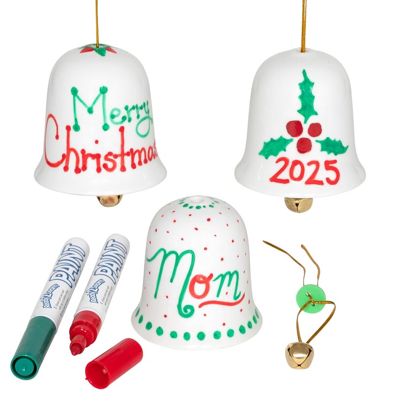 READY 2 LEARN Christmas Crafts - Design Your Own Porcelain Bells - Craft Kit for Kids - Christmas Tree Decorations - All Materials Included, Green,Red, Set of 3 - Image 1