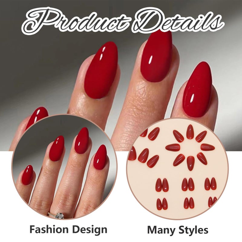 24 Pcs Almond False Nails, False Nails, False Nails, Short False Nails, Short False Nails(Red) - Image 3