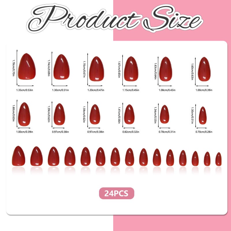 24 Pcs Almond False Nails, False Nails, False Nails, Short False Nails, Short False Nails(Red) - Image 2