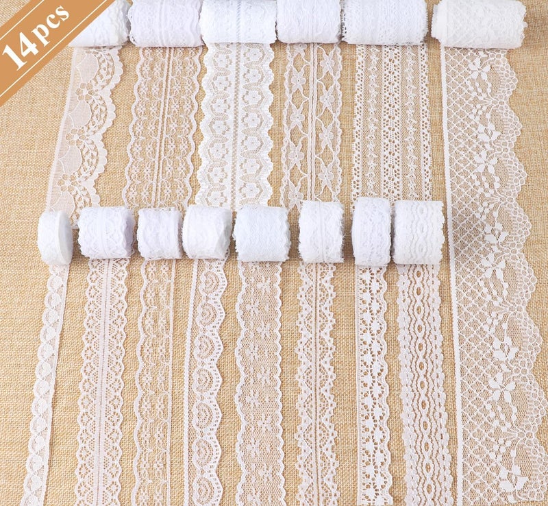 ilauke 46 Yards White Lace Ribbon 14 Rolls Vintage Lace Trims 0.6 to 2.1 inch Ribbon Laces with Assorted Pattern for Sewing, Crafts, Wedding Decor, Flower Ribbons, 3.28 Yards Each - Image 3