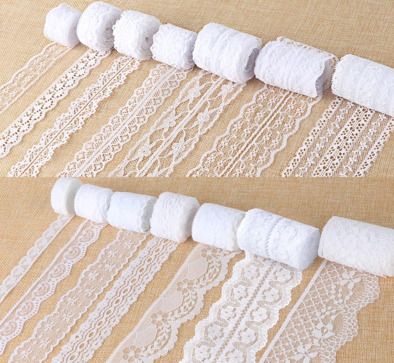 ilauke 46 Yards White Lace Ribbon 14 Rolls Vintage Lace Trims 0.6 to 2.1 inch Ribbon Laces with Assorted Pattern for Sewing, Crafts, Wedding Decor, Flower Ribbons, 3.28 Yards Each - Image 1