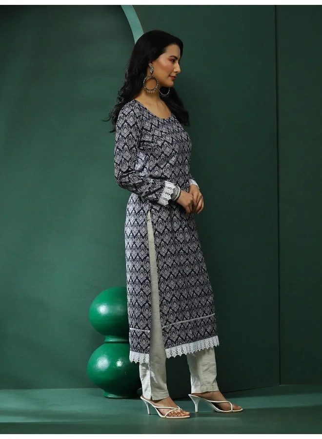 أيه كيه إس Navy Blue Lace Detailed Printed Kurta