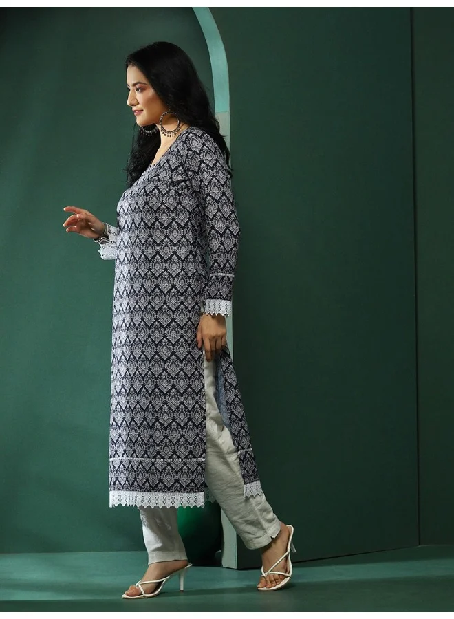 أيه كيه إس Navy Blue Lace Detailed Printed Kurta