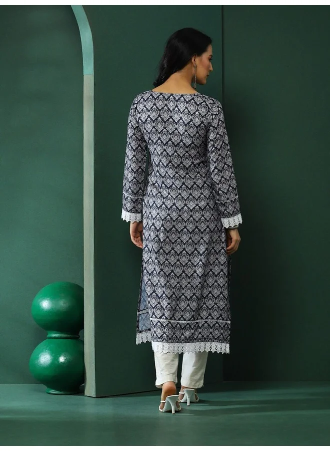 أيه كيه إس Navy Blue Lace Detailed Printed Kurta