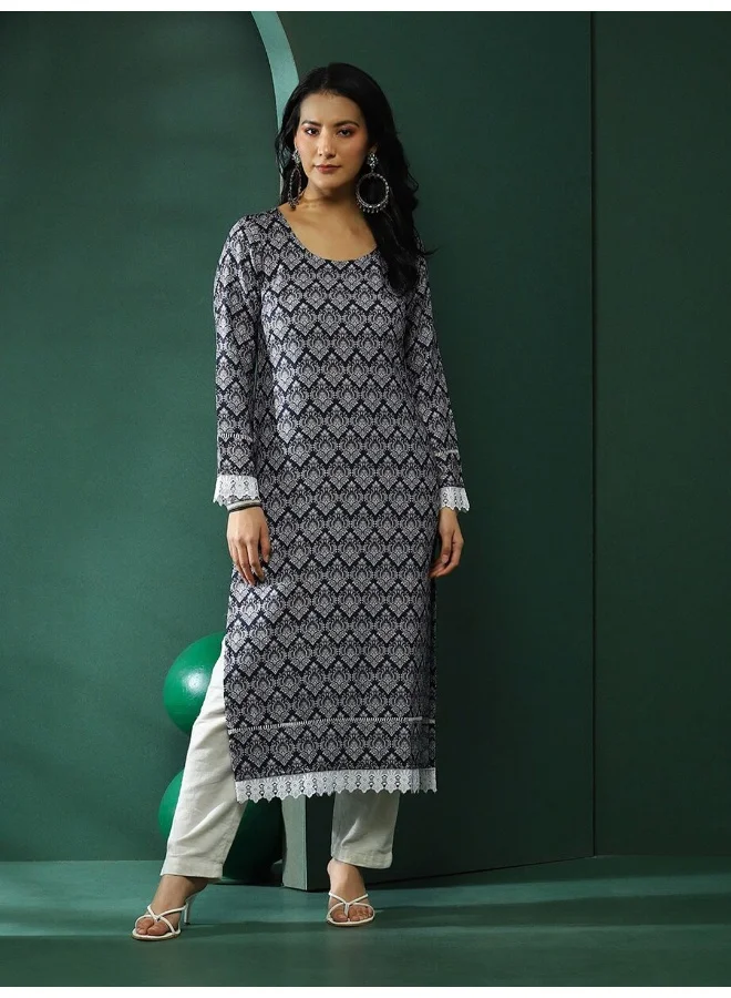 أيه كيه إس Navy Blue Lace Detailed Printed Kurta