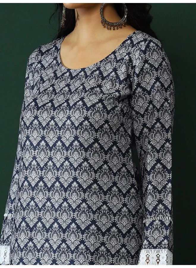 أيه كيه إس Navy Blue Lace Detailed Printed Kurta