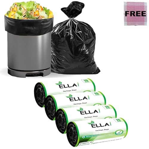 Ella Garbage Bags Large 24x32 Inches | 60 Bags 4 Rolls | Leak Proof & Tear Resistant Trash Bags for Kitchen Home & Commercial Use | Dustbin Bags For Dry & Wet Waste With Free Check Duster Cloth -Black - Image 1