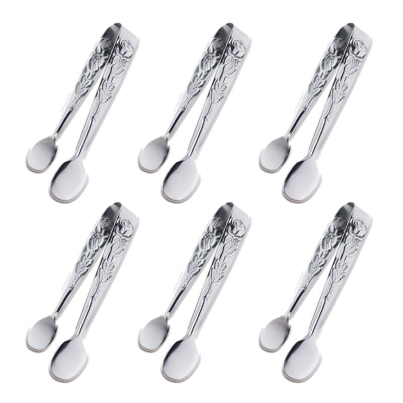 6PCS Mini Serving Tongs 4Inch Rose Stainless Steel Sugar Cube Tongs Sliver Small Ice Tong for Tea and Coffee Party Appetizers Desserts by Sunenlyst 6PCS Silver