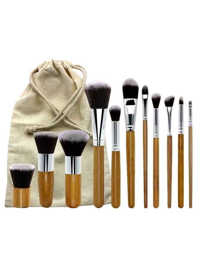 NIBEMINENT 11-Piece Hair Makeup Brush Set With Bag Beige/Silver/Black  - Image 1