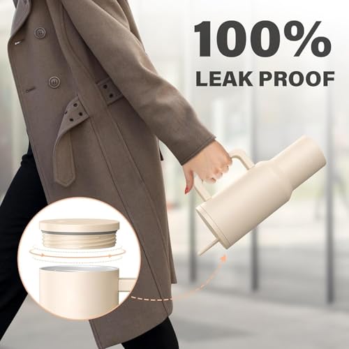 KELVEE Tumbler with Handle and Straw Lid Double Wall Stainless Steel Water Bottle Cup Reusable Travel Gym Yoga Mug BPA Free Durable for Iced Tea Coffee (Ivory) - Image 3