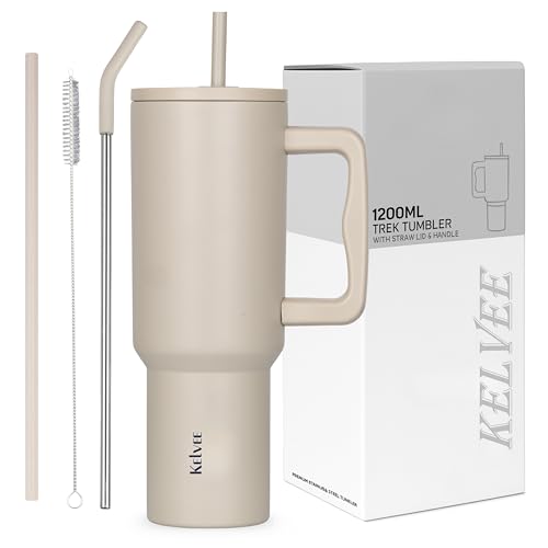 KELVEE Tumbler with Handle and Straw Lid Double Wall Stainless Steel Water Bottle Cup Reusable Travel Gym Yoga Mug BPA Free Durable for Iced Tea Coffee (Ivory) - Image 1