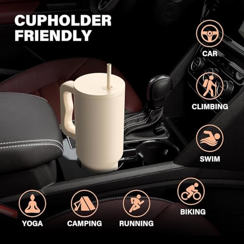 KELVEE Tumbler with Handle and Straw Lid Double Wall Stainless Steel Water Bottle Cup Reusable Travel Gym Yoga Mug BPA Free Durable for Iced Tea Coffee (Ivory) - Image 5