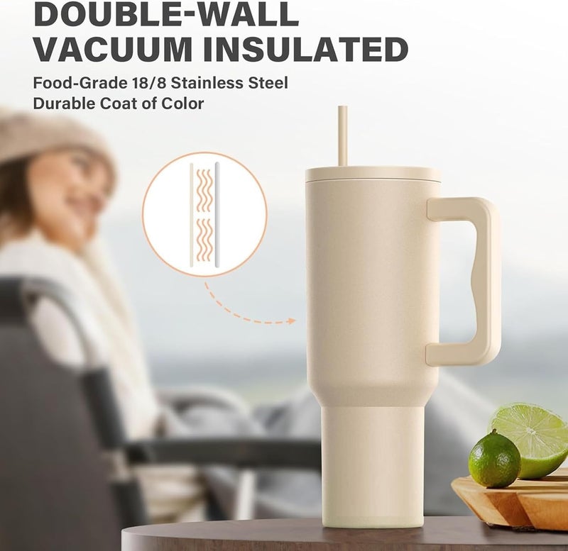 KELVEE Tumbler with Handle and Straw Lid Double Wall Stainless Steel Water Bottle Cup Reusable Travel Gym Yoga Mug BPA Free Durable for Iced Tea Coffee (Ivory) - Image 4