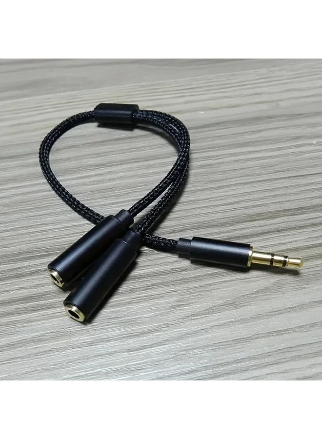 Black 3.5mm Audio Splitter Cable 1 Male to 2 Female Gold Plated Nylon Braided - Image 1