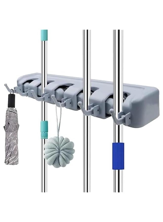HOOKOR Mop and Broom Holder Wall Mount Heavy Duty Broom Holder Wall Mounted or Tool Organizer For Home Garden Garage And Storage (5 Positions with 6 Hooks) (Grey) - Image 1