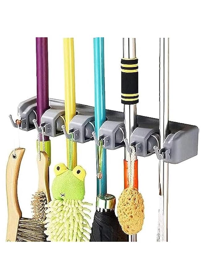 HOOKOR Mop and Broom Holder Wall Mount Heavy Duty Broom Holder Wall Mounted or Tool Organizer For Home Garden Garage And Storage (5 Positions with 6 Hooks) (Grey) - Image 3