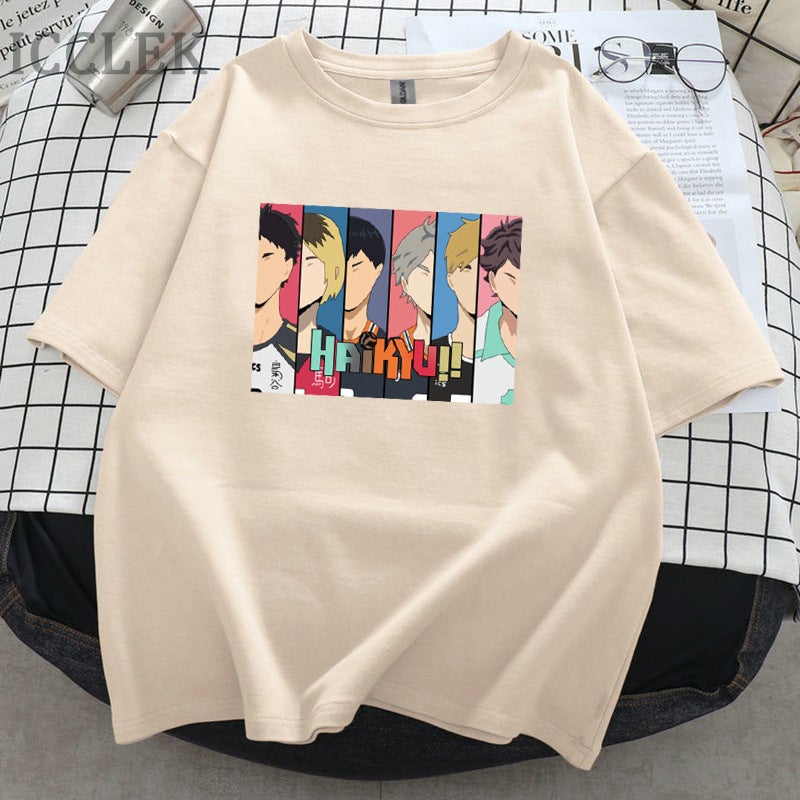 Generic Volleyball Junior Haikyu!! Peripheral T-shirt Trendy Crewneck Printed Summer Large Size Mens and Womens Short-sleeved White Cross-border Women A apricot 