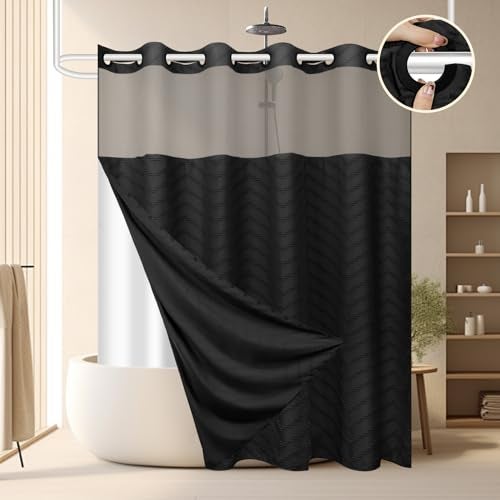 FADOTY No Hook Shower Curtain and Snap in Liner Set Black Tufted Chevron Striped Cloth Waterproof Washable Fabric Boho Farmhouse Bath Curtain See Through Mesh Top Window for Bathroom Hotel 71 x 86 - Image 1
