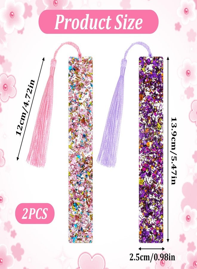Matwsec 2 Pcs Glitter Bookmarks with Tassels Resin Bookmarks for Girls Kids Book Marks for Reading Purple Pink Tassel Bookmark for Girls Women Book Lover Reading Presents - Image 2