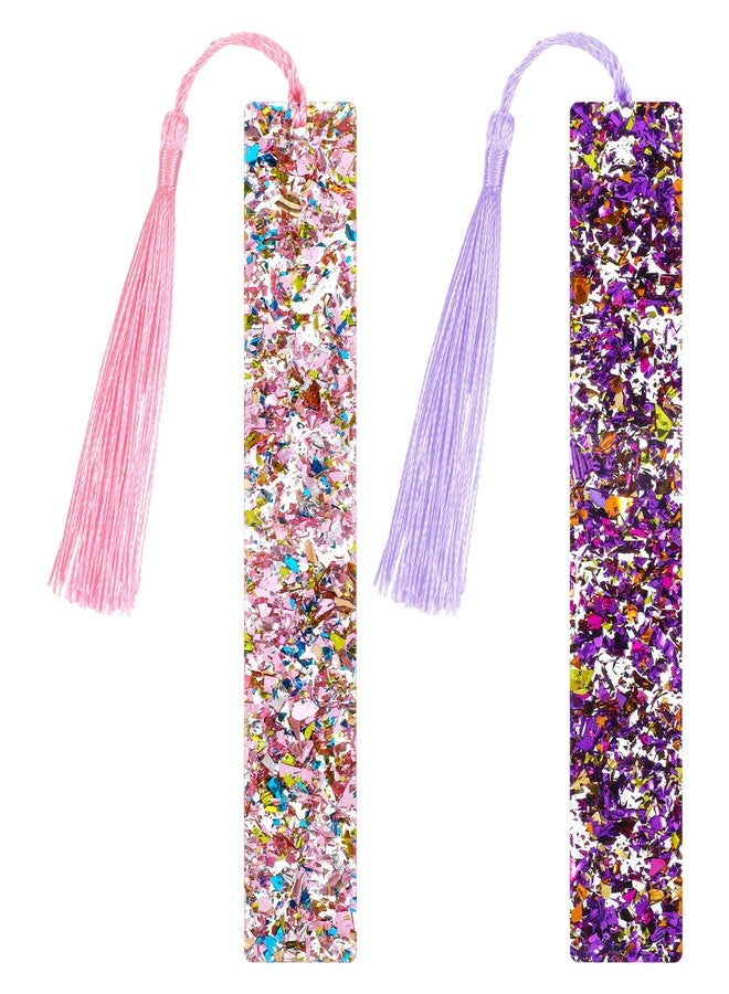 Matwsec 2 Pcs Glitter Bookmarks with Tassels Resin Bookmarks for Girls Kids Book Marks for Reading Purple Pink Tassel Bookmark for Girls Women Book Lover Reading Presents - Image 1