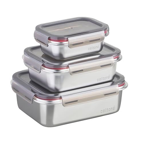 Celltone Fridge to Oven Microwave Safe Stainless Steel Reusable Food Storage Containers with Leak-Proof and Airtight Lids (Rectangular Set of 3) - Image 1
