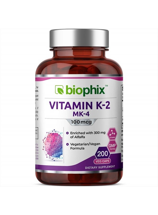 biophix فيتامين K2 MK-4 - 100 ميكروغرام 200 كبسولة مع البرسيم - يدعم صحة العظام القوية والمناعة وD-3 - Image 1