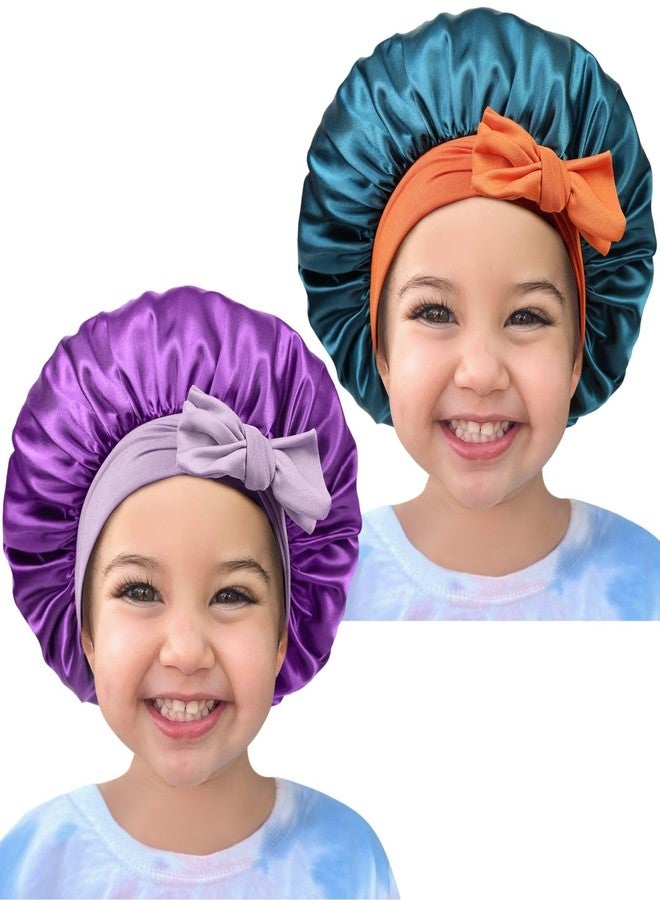 Cospack Satin Bonnet Silk Hair Cap: 2pcs Kids Bonnets with Adjustable Tie Band for Baby Toddler Sleeping Hair Bonnets Sleep Comfortable No Slip-Off (Teal & Purple) - Image 1
