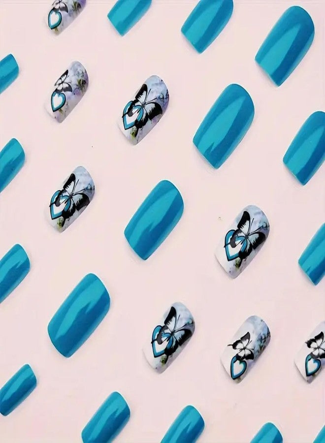 HJKDSFD Light Color Press on Nails Short Square Butterfly Fake Nails Blue Stick on Nails Glossy False Nails Cute Summer Acrylic Reusable Artificial Nails for Women DIY Glue on Nails 24pcs - Image 2