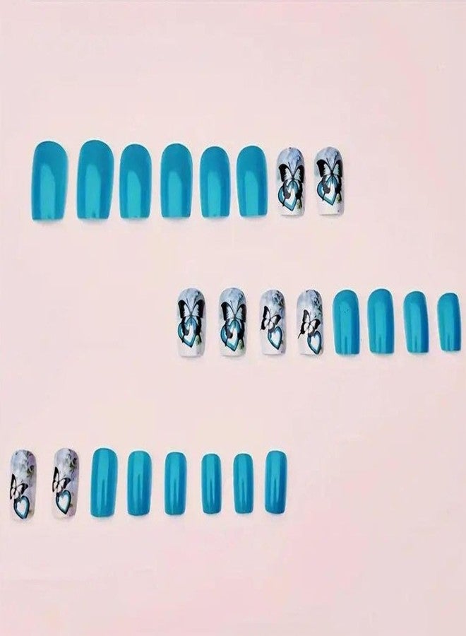 HJKDSFD Light Color Press on Nails Short Square Butterfly Fake Nails Blue Stick on Nails Glossy False Nails Cute Summer Acrylic Reusable Artificial Nails for Women DIY Glue on Nails 24pcs - Image 3