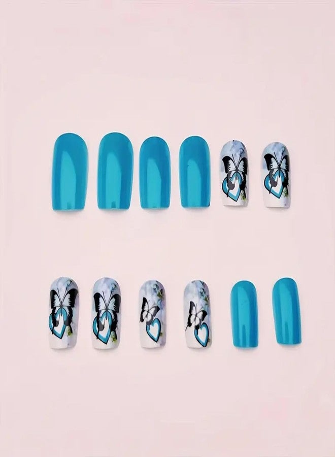HJKDSFD Light Color Press on Nails Short Square Butterfly Fake Nails Blue Stick on Nails Glossy False Nails Cute Summer Acrylic Reusable Artificial Nails for Women DIY Glue on Nails 24pcs - Image 4