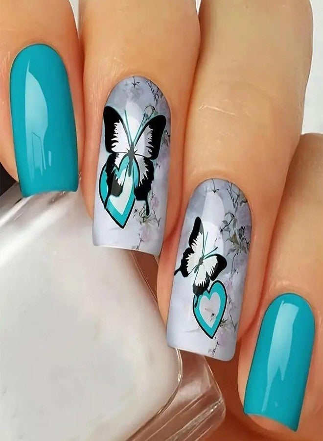 HJKDSFD Light Color Press on Nails Short Square Butterfly Fake Nails Blue Stick on Nails Glossy False Nails Cute Summer Acrylic Reusable Artificial Nails for Women DIY Glue on Nails 24pcs - Image 1