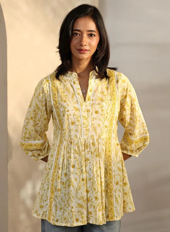 Libas Yellow Printed Cotton A-Line Kurti