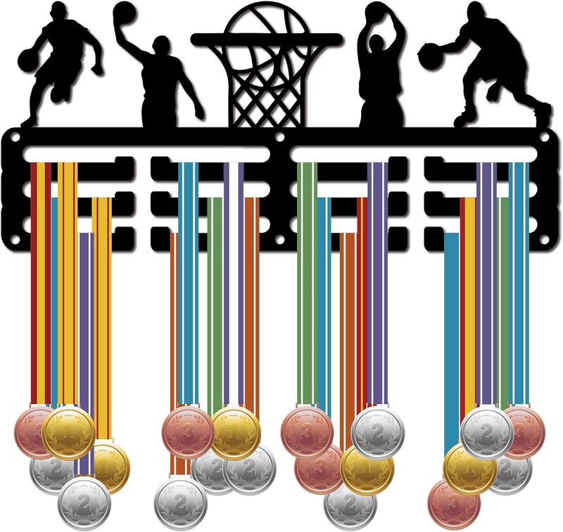 CREATCABIN حامل ميداليات كرة السلة من CREATCABIN، حامل ميداليات، رف عرض، جوائز معلقة، مثبت على الحائط، ديكور غرفة بتصميم 3 خطوط يحمل 60 ميدالية، هدية لرياضيي كرة السلة، الفائز في سباق المنافسة 114x51 بوصة - Image 1