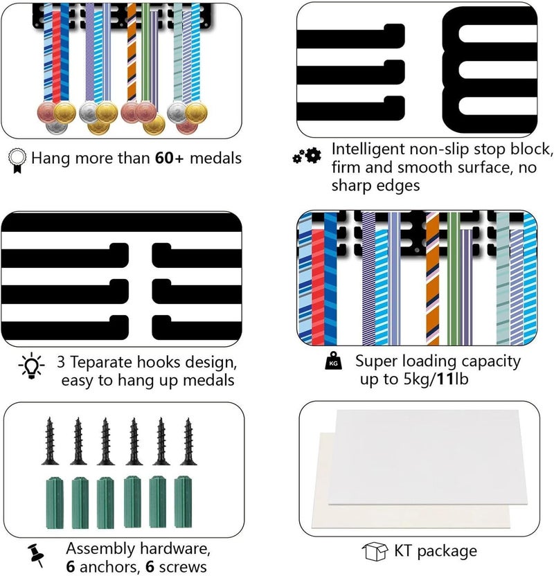 CREATCABIN حامل ميداليات كرة السلة من CREATCABIN، حامل ميداليات، رف عرض، جوائز معلقة، مثبت على الحائط، ديكور غرفة بتصميم 3 خطوط يحمل 60 ميدالية، هدية لرياضيي كرة السلة، الفائز في سباق المنافسة 114x51 بوصة - Image 3
