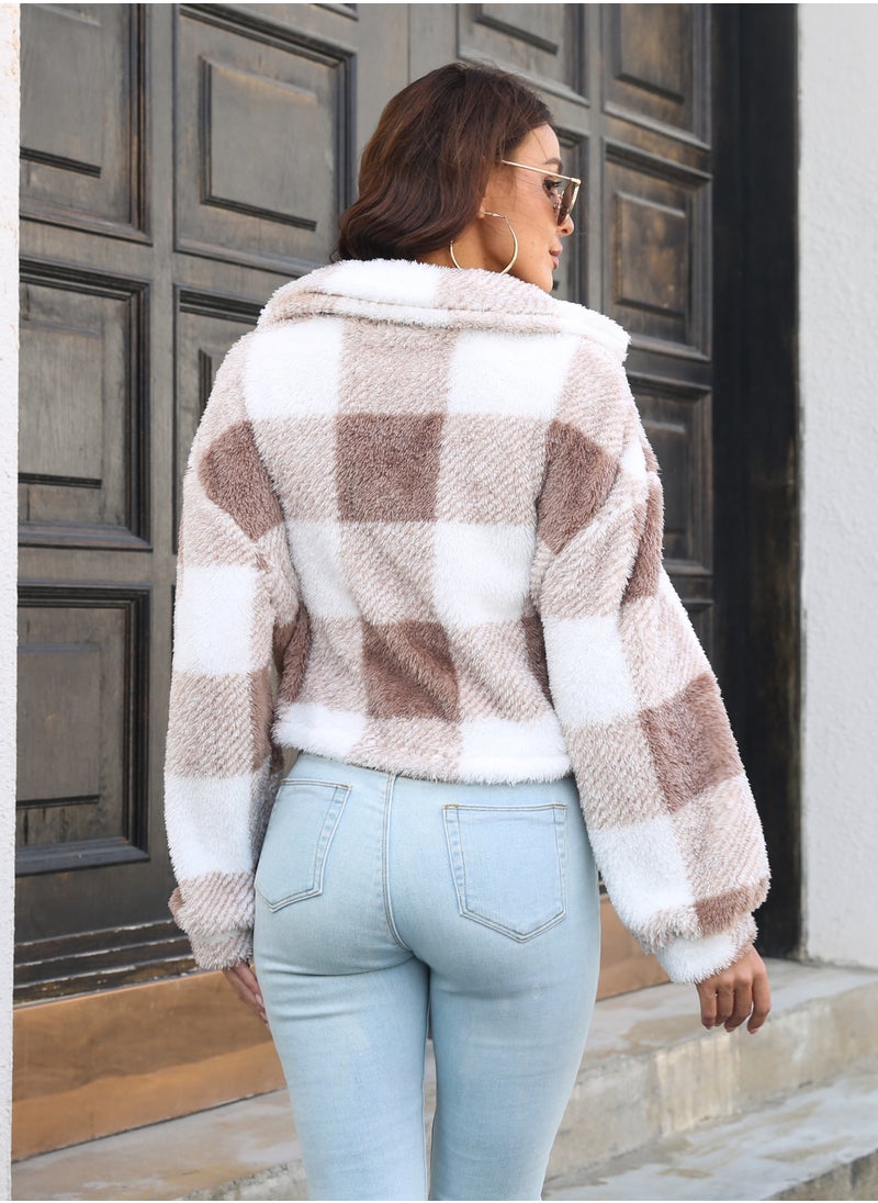NIBEMINENT - Plaid Double Sided Velvet Coat Women's Lantern Sleeve Loose Long Sleeve Coat Jacket - Image 1