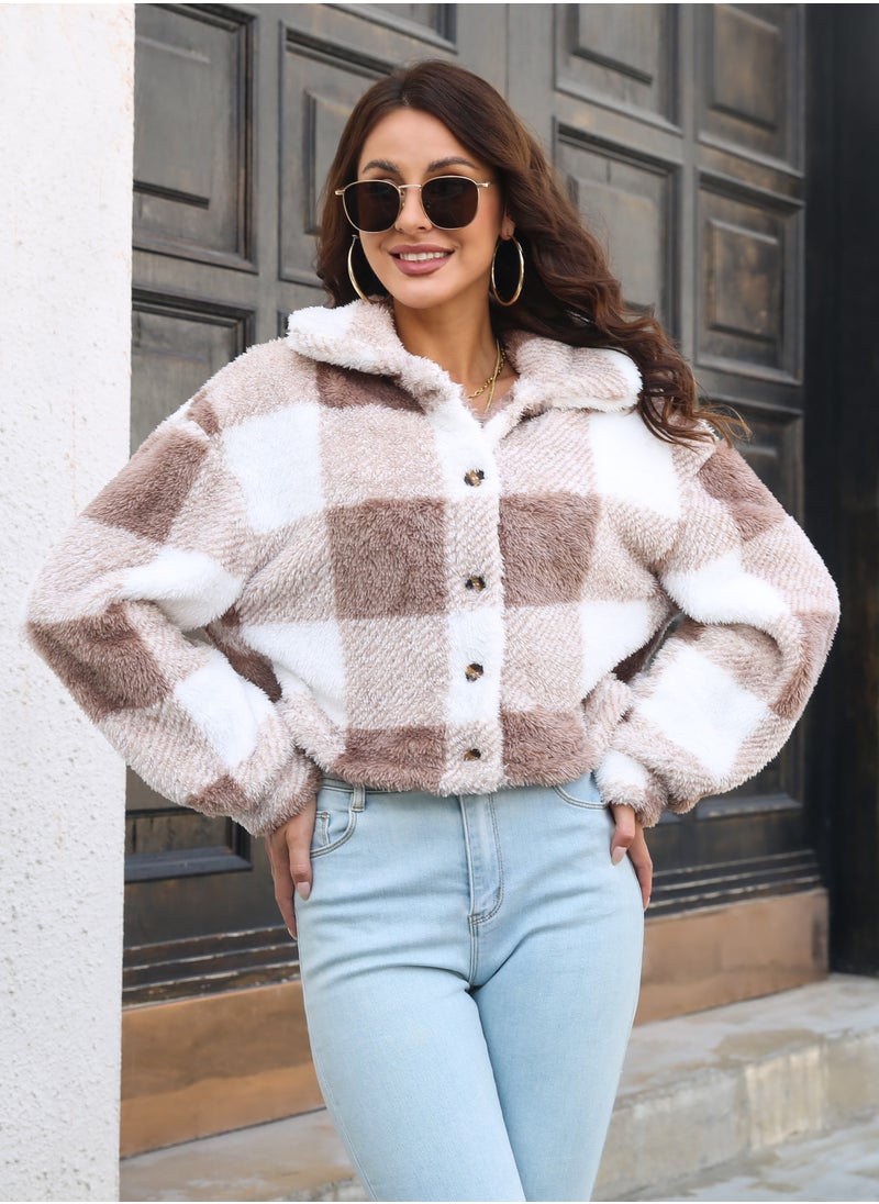 NIBEMINENT - Plaid Double Sided Velvet Coat Women's Lantern Sleeve Loose Long Sleeve Coat Jacket - Image 1