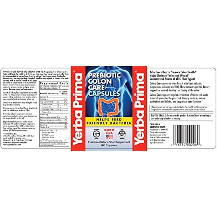 Yerba Prima Prebiotic Colon Care Capsules - 180 Count (Pack of 2), Gluten Free, Proudly Made in The USA, Non-GMO, Soluble & Insoluble Fiber, Supports A Healthy Functioning Colon - Image 4