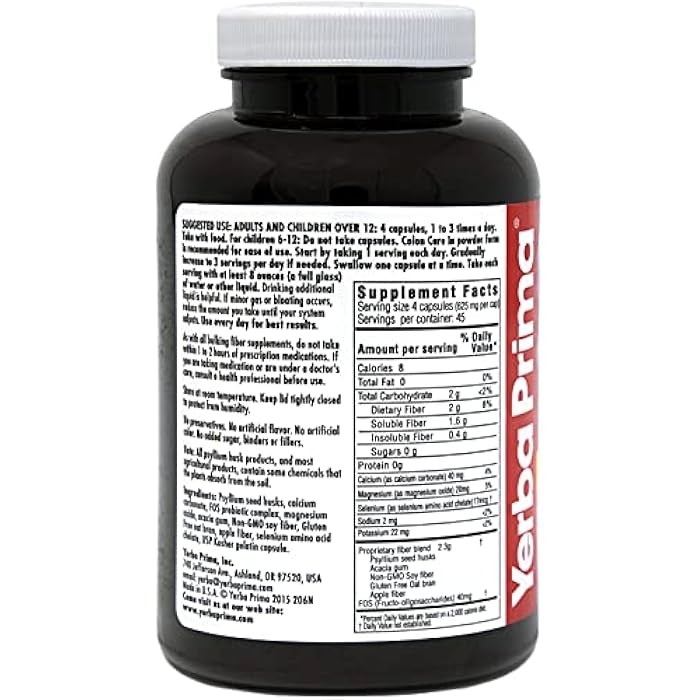 Yerba Prima Prebiotic Colon Care Capsules - 180 Count (Pack of 2), Gluten Free, Proudly Made in The USA, Non-GMO, Soluble & Insoluble Fiber, Supports A Healthy Functioning Colon - Image 2