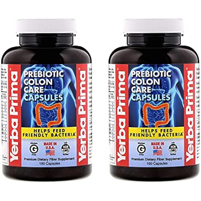 Yerba Prima Prebiotic Colon Care Capsules - 180 Count (Pack of 2), Gluten Free, Proudly Made in The USA, Non-GMO, Soluble & Insoluble Fiber, Supports A Healthy Functioning Colon - Image 1