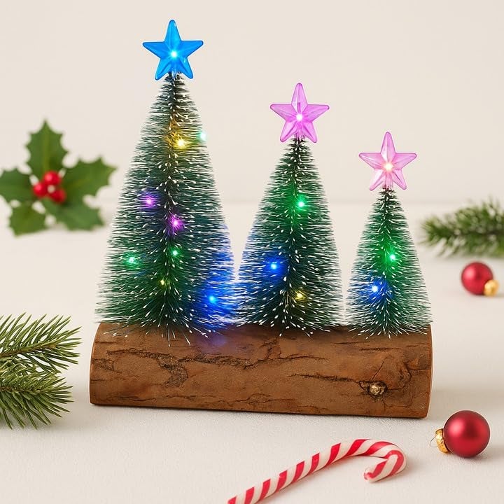 The Decor Wick Set of 3 Christmas LED Table Tree Set with Wooden Base | Resin Bottle Brush Trees with Star Top & Multicolor Battery Operated LED Lights for X-mas Decoration - Image 3