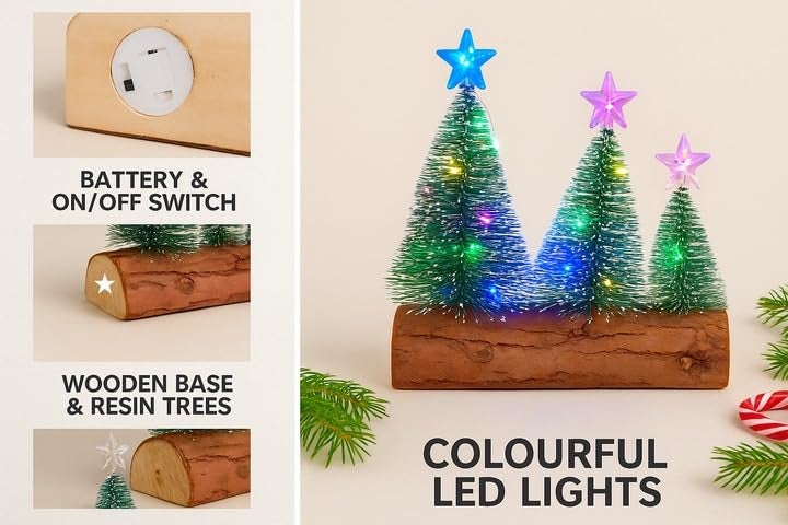 The Decor Wick Set of 3 Christmas LED Table Tree Set with Wooden Base | Resin Bottle Brush Trees with Star Top & Multicolor Battery Operated LED Lights for X-mas Decoration - Image 5