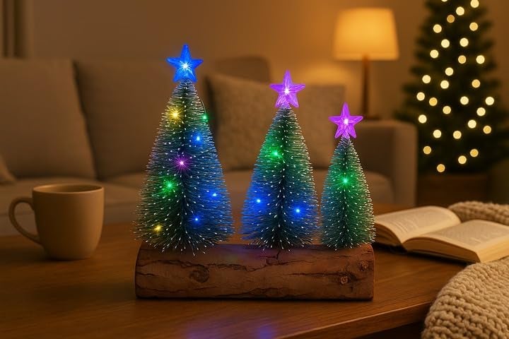 The Decor Wick Set of 3 Christmas LED Table Tree Set with Wooden Base | Resin Bottle Brush Trees with Star Top & Multicolor Battery Operated LED Lights for X-mas Decoration - Image 1