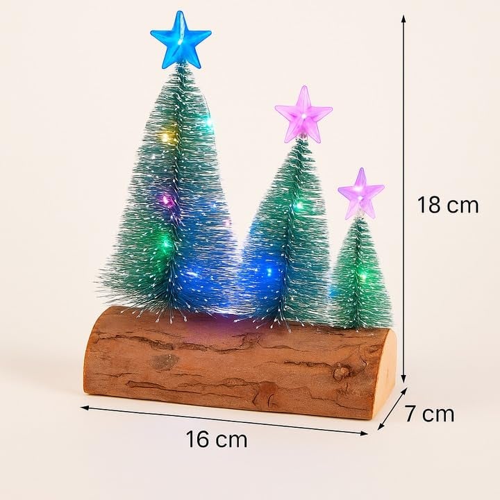 The Decor Wick Set of 3 Christmas LED Table Tree Set with Wooden Base | Resin Bottle Brush Trees with Star Top & Multicolor Battery Operated LED Lights for X-mas Decoration - Image 4