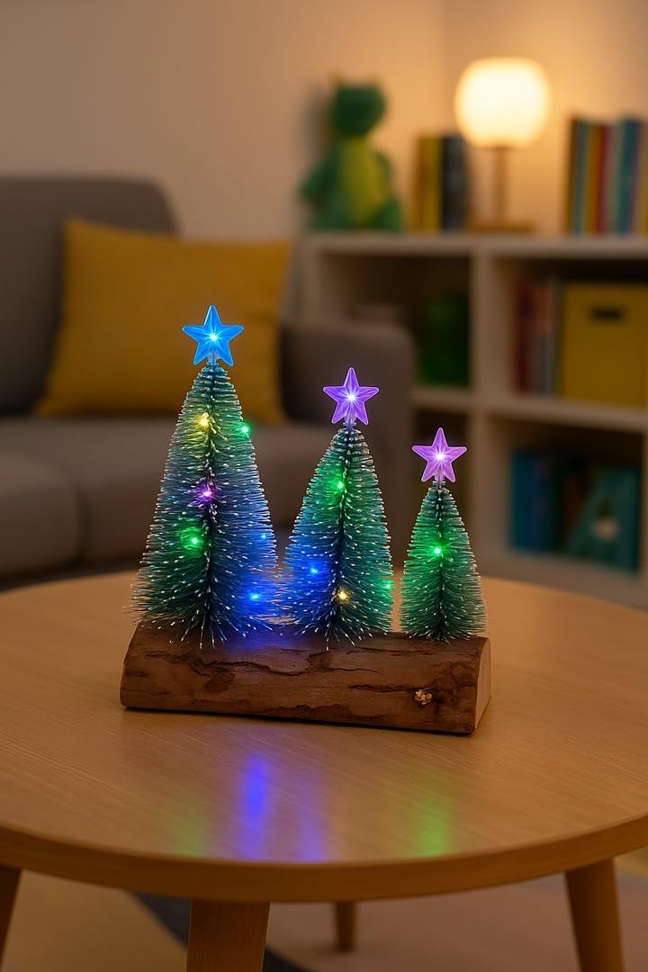 The Decor Wick Set of 3 Christmas LED Table Tree Set with Wooden Base | Resin Bottle Brush Trees with Star Top & Multicolor Battery Operated LED Lights for X-mas Decoration - Image 2