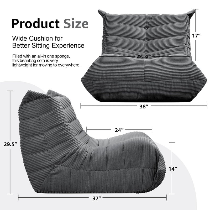 Hobestluk Bean Bag Chairs for Adults Giant Bean Bag Chair Memory Foam BeanBag Chair Bean Bag Sofa with Filler Faux Fur Fireside Beanbags Lazy Sofa for Living Room Bedroom Office (Grey Corduroy, Single) - Image 2